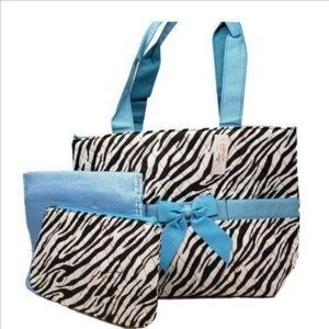 LAR LAR Quilted Diaper Bag Zebra PrInt w/Turquoise Blue Bow Accents NEW w/TAG